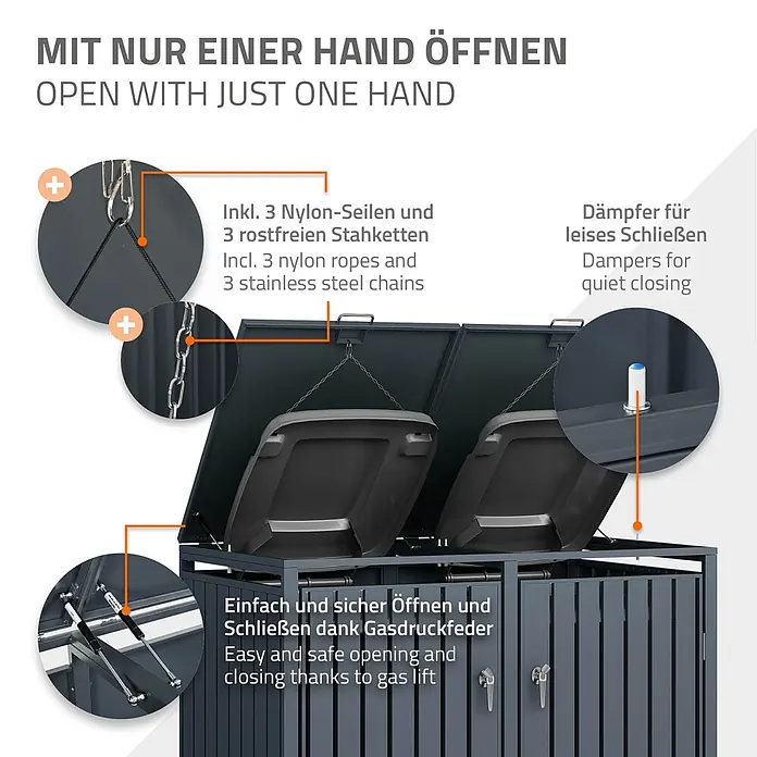 ML-Design Mülltonnenbox Mülltonnenbox 3er 240L 200x80x120cm Anthrazit aus Stahl - Stahl, Anthrazit, Geeignet für Anzahl Mülltonnen: 2 Stk. - Dunkelgraue Mülltonnenbox mit zwei offenen Deckeln, die interne Seile/Ketten, Dämpfer und Gasdruckfedern zeigt.