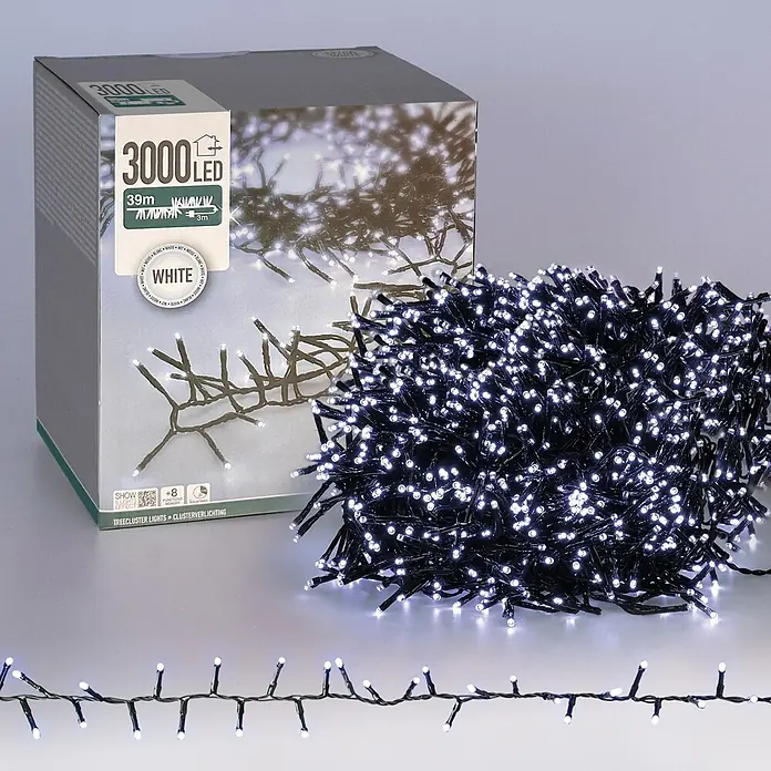 ECD Germany LED-Clusterlichterkette 3000 LEDs 39m für Innen & Außen IP44 Kaltweiß - Außen, Länge: 42 m, 3.000 Stk., Netzbetrieben - Weiße LED-Clusterlichter mit schwarzem Kabel, aufgerollt und ausgebreitet, mit Produktverpackung.
