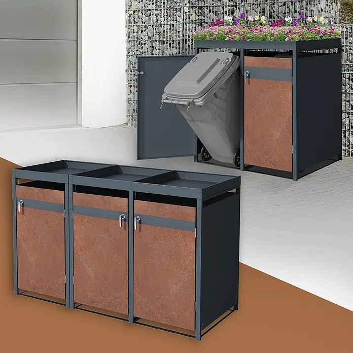 ML-Design Mülltonnenbox für 3 Tonne 240L Anthrazit, Rot-Braun mit Pflanzdach - Stahl, Anthrazit, Rot-Braun, Geeignet für Anzahl Mülltonnen: 3 Stk. - Dunkelgraue Mülltonnenbox mit rostfarbenen Türen. Eine Einheit zeigt eine graue Tonne und Pflanzen obendrauf, die andere ein Dreierset.