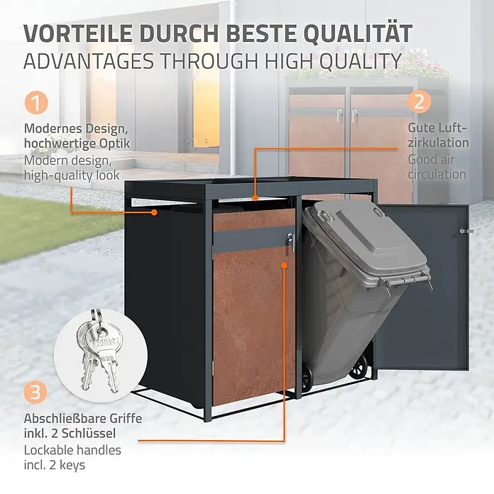 ML-Design Mülltonnenbox für 4 Tonne 240L Anthrazit, Rot-Braun mit Pflanzdach - Stahl, Anthrazit, Rot-Braun, Geeignet für Anzahl Mülltonnen: 4 Stk. - Dunkelgraue Mülltonnenbox mit braunen Türverkleidungen, die eine graue Rolltonne umschließt, mit abschließbaren Griffen.