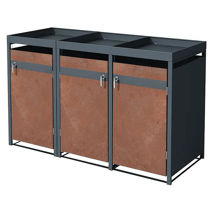 ML-Design Mülltonnenbox für 3 Tonne 240L Anthrazit, Rot-Braun mit Pflanzdach - Stahl, Anthrazit, Rot-Braun, Geeignet für Anzahl Mülltonnen: 3 Stk. - Dreifach-Mülltrennsystem mit dunkelgrauem Rahmen und rustikalen orangefarbenen Paneelen mit silbernen Griffen.