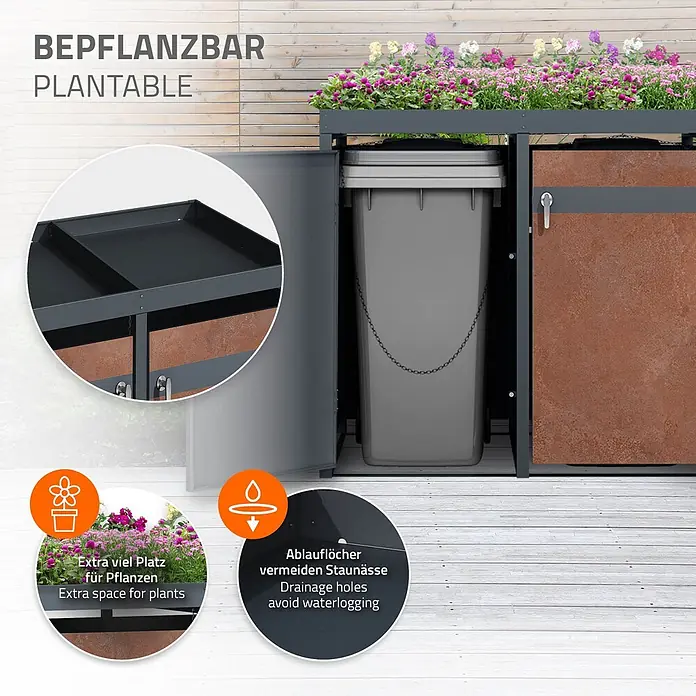 ML-Design Mülltonnenbox für 4 Tonne 240L Anthrazit, Rot-Braun mit Pflanzdach - Stahl, Anthrazit, Rot-Braun, Geeignet für Anzahl Mülltonnen: 4 Stk. - Grauer Outdoor-Schrank mit rostfarbenen Akzenten, bepflanzbarer Oberseite mit Blumen und Platz für eine Mülltonne. Mit Ablauflöchern.