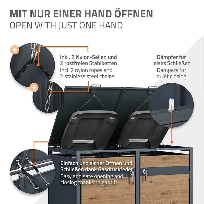 ML-Design Mülltonnenbox Mülltonnencontainer mit Klappdeckel/Tür für 4 Tonne 120 oder 240 Liter - Stahl, Anthrazit, Hellbraun, Geeignet für Anzahl Mülltonnen: 4 Stk. - Dunkelgraue Mülltonnenbox mit Holzfront und zwei Behältern, zeigt Gasfedern, leise schließende Dämpfer und Deckelseile/-ketten.