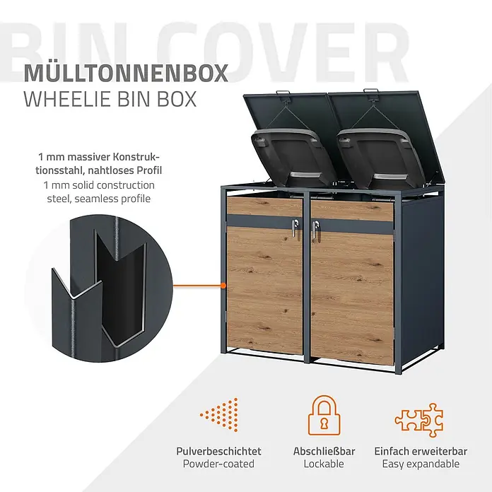 ML-Design Mülltonnenbox Mülltonnencontainer mit Klappdeckel/Tür für 4 Tonne 120 oder 240 Liter - Stahl, Anthrazit, Hellbraun, Geeignet für Anzahl Mülltonnen: 4 Stk. - Dunkelgraue 1mm Stahl Mülltonnenbox mit Holzoptik-Türen und zwei Fächern. Pulverbeschichtet, abschließbar und erweiterbar.
