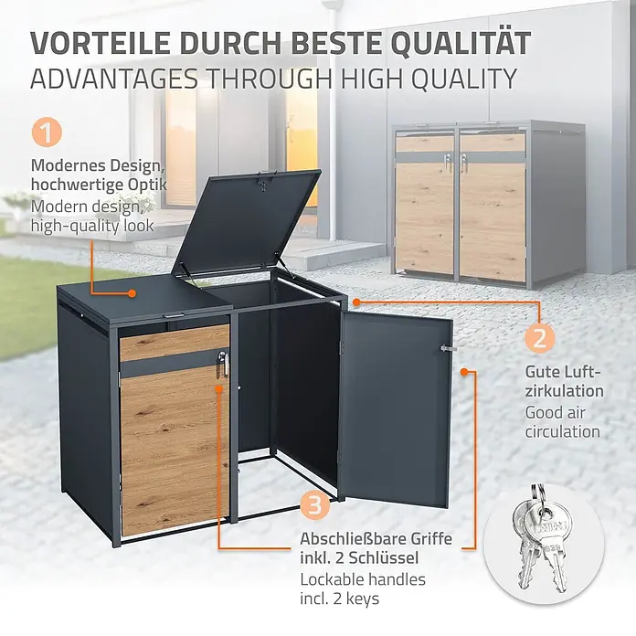 ML-Design Mülltonnenbox Mülltonnencontainer mit Klappdeckel/Tür für 4 Tonne 120 oder 240 Liter - Stahl, Anthrazit, Hellbraun, Geeignet für Anzahl Mülltonnen: 4 Stk. - Modulares Außenschranksystem, dunkelgrau mit Holzoptik-Türen, abschließbaren Griffen und guter Luftzirkulation.