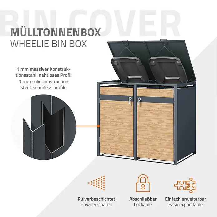 ML-Design Mülltonnenbox Mülltonnencontainer mit Klappdeckel/Tür für 4 Tonne 120 oder 240 Liter - Stahl, Anthrazit, Lärchenoptik, Geeignet für Anzahl Mülltonnen: 4 Stk. - Dunkelgraue Mülltonnenbox für zwei Tonnen mit Holz-Effekt-Türen. Aus 1mm Massivstahl, pulverbeschichtet, abschließbar und erweiterbar.