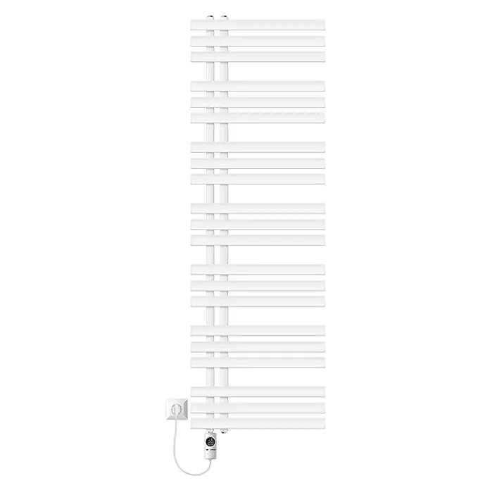 LuxeBath Elektro-Badheizkörper Handtuchheizkörper Elektrisch mit Heizstab 500x1600 mm Weiß 1200W - B x H: 50 x 160 mm - Weißer elektrischer Handtuchwärmer mit Querstreben und digitalem Thermostat, an eine Steckdose angeschlossen.
