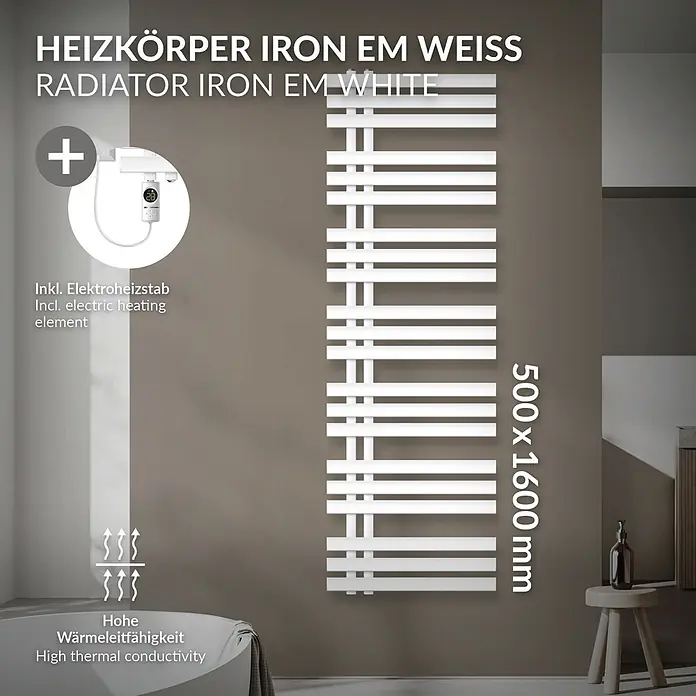 LuxeBath Elektro-Badheizkörper Handtuchheizkörper Elektrisch mit Heizstab 500x1600 mm Weiß 1200W - B x H: 50 x 160 mm - Weißer Elektro-Heizkörper (500x1600mm) mit Heizelement und hoher Wärmeleitfähigkeit, im Bad.