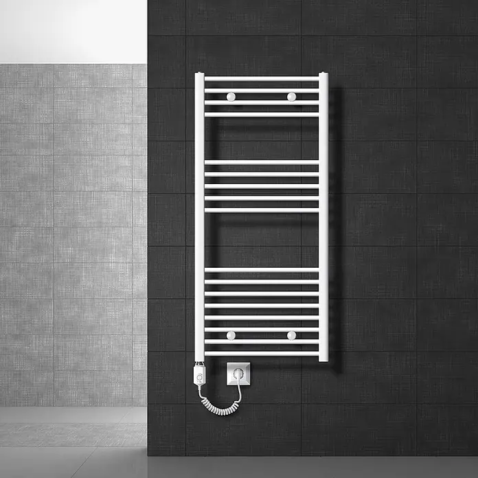 LuxeBath Elektro-Badheizkörper Handtuchheizkörper 600x1200mm Weiß gebogen 1200 W -  - Weißer beheizter Handtuchhalter in einem modernen Badezimmer.