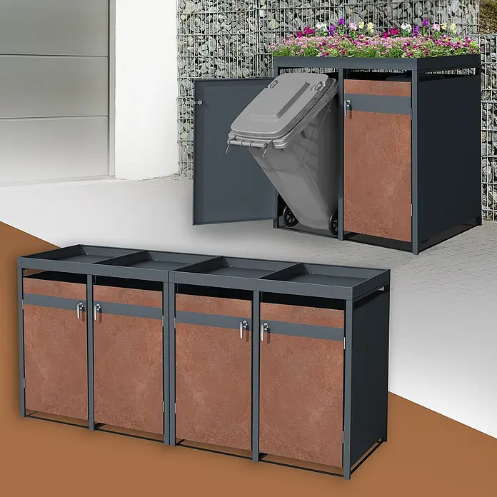 ML-Design Mülltonnenbox für 4 Tonne 240L Anthrazit, Rot-Braun mit Pflanzdach - Stahl, Anthrazit, Rot-Braun, Geeignet für Anzahl Mülltonnen: 4 Stk. - Anthrazitfarbene Mülltonnenboxen mit rotbraunen Paneelen, teils mit Pflanzaufsatz, eine zeigt eine gekippte Tonne, auch als Reihe.