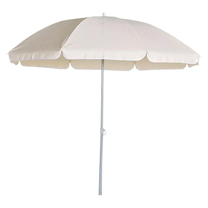 Sunfun Balkonschirm rund Provence IINatur, Durchmesser Bespannung: 200 cm - Nahaufnahme eines Sonnenschirms mit cremefarbenem Stoff und einem robusten, verstellbaren Ständer, ideal für den Strand oder den Garten.