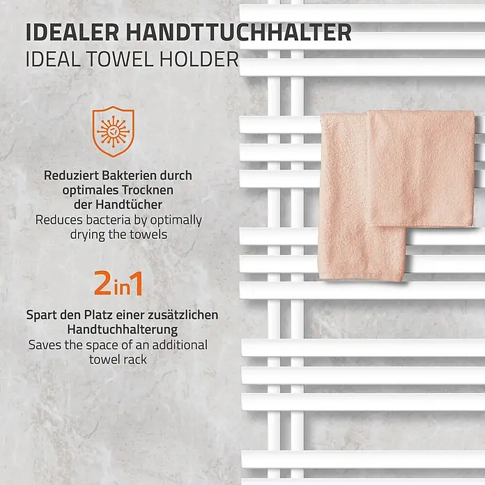 LuxeBath Elektro-Badheizkörper Handtuchheizkörper Elektrisch mit Heizstab 500x1200mm Weiß 1200 W -  - Weißer Heizkörper-Handtuchhalter mit zwei pfirsichfarbenen Handtüchern.