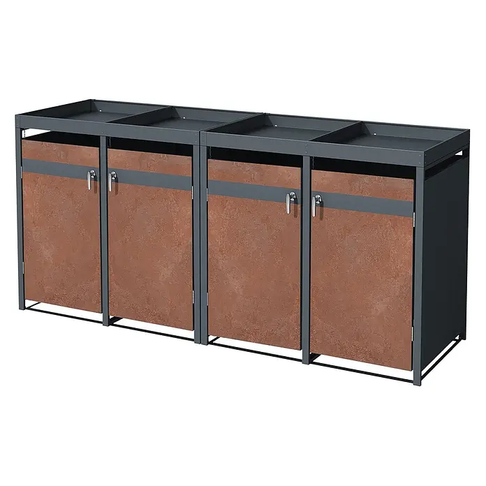 ML-Design Mülltonnenbox für 4 Tonne 240L Anthrazit, Rot-Braun mit Pflanzdach - Stahl, Anthrazit, Rot-Braun, Geeignet für Anzahl Mülltonnen: 4 Stk. - Mehrfach-Mülltrennsystem mit dunkelgrauem Metallrahmen und rotbraunen, strukturierten Platten, mit oberen Öffnungen und Fronttüren.
