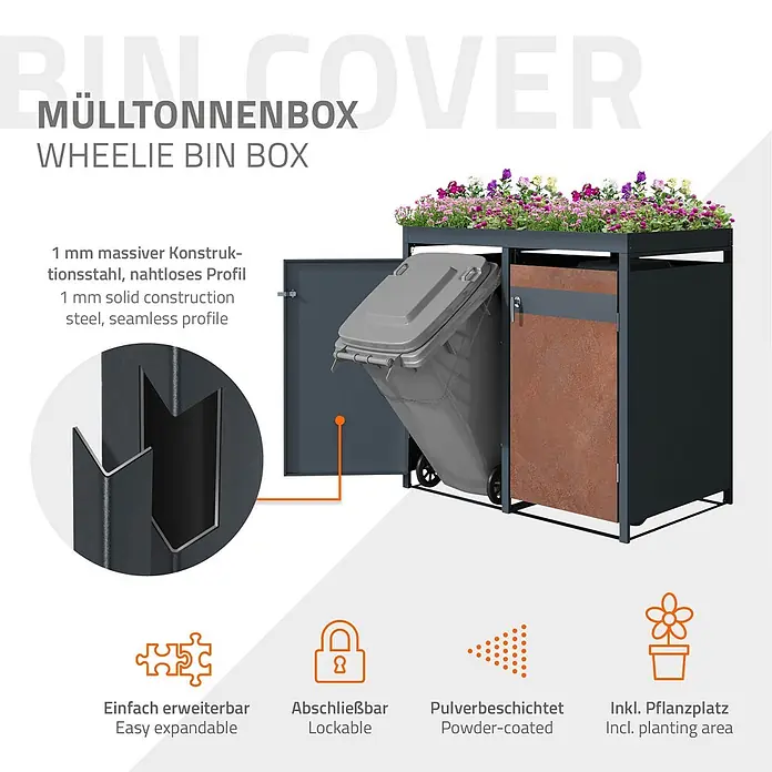 ML-Design Mülltonnenbox für 4 Tonne 240L Anthrazit, Rot-Braun mit Pflanzdach - Stahl, Anthrazit, Rot-Braun, Geeignet für Anzahl Mülltonnen: 4 Stk. - Dunkelgraue Mülltonnenbox aus Stahl mit Pflanzfläche, braunem Paneel und Mülleimer darin.
