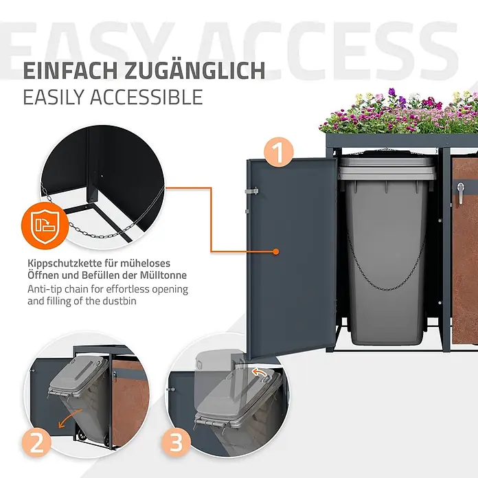 ML-Design Mülltonnenbox für 4 Tonne 240L Anthrazit, Rot-Braun mit Pflanzdach - Stahl, Anthrazit, Rot-Braun, Geeignet für Anzahl Mülltonnen: 4 Stk. - Dunkelgraue Mülltonnenbox aus Metall mit Pflanzdach. Eine Kippschutzkette verbindet Tür und grauen Rollmüllbehälter für einfaches Öffnen und Befüllen.