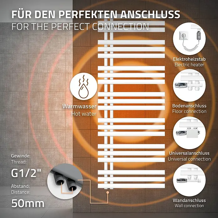 ECD Germany Elektro-Badheizkörper Design Handtuchheizkörper Handtuchwärmer Elektrisch mit Heizstab 1200W -  - Weißer Handtuchheizkörper mit Diagrammen für Warmwasser- & Elektroheizung, Boden-, Wand- & Universalanschluss, G1/2" Gewinde, 50mm Abstand.
