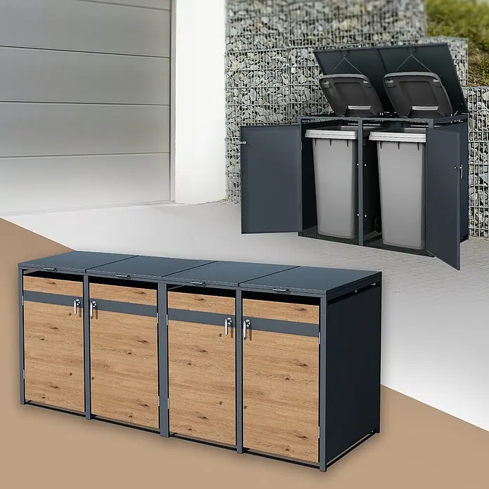 ML-Design Mülltonnenbox Mülltonnencontainer mit Klappdeckel/Tür für 4 Tonne 120 oder 240 Liter - Stahl, Anthrazit, Hellbraun, Geeignet für Anzahl Mülltonnen: 4 Stk. - Outdoor Mülltonnenbox: Dunkelgraues Metallgehäuse mit Holzoptik-Türen zur Mülltrennung. Eine Version zeigt zwei, eine andere vier Fächer.
