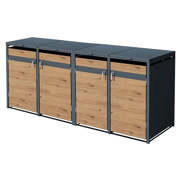 ML-Design Mülltonnenbox Mülltonnencontainer mit Klappdeckel/Tür für 4 Tonne 120 oder 240 Liter - Stahl, Anthrazit, Hellbraun, Geeignet für Anzahl Mülltonnen: 4 Stk. - Vierfach-Abfall- oder Lagereinheit mit dunkelgrauem Rahmen und Türen in Holzoptik mit silbernen Griffen.