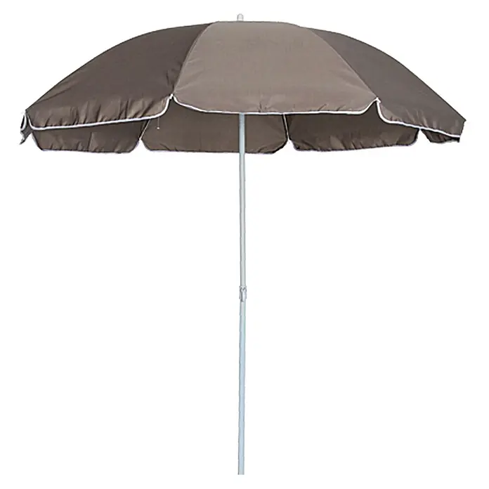 Sunfun Balkonschirm rund Provence II - Taupe, Durchmesser Bespannung: 250 cm - Ein brauner Sonnenschirm mit weißem Rand und einem Metallmast, ideal für sonnige Tage im Freien. Schützt vor UV-Strahlen.