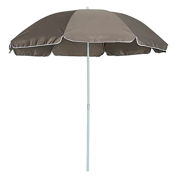 Sunfun Balkonschirm rund Provence II - Taupe, Durchmesser Bespannung: 250 cm - Ein brauner Sonnenschirm mit weißem Rand und einem Metallmast, ideal für sonnige Tage im Freien. Schützt vor UV-Strahlen.