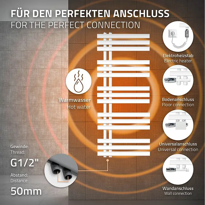 LuxeBath Elektro-Badheizkörper Handtuchheizkörper Elektrisch mit Heizstab 500x1200mm Weiß 1200 W -  - Weißer Handtuchheizkörper mit mehreren Anschlussmöglichkeiten für Warmwasser oder Elektroheizung, zeigt G1/2" Gewinde und 50mm Abstand.