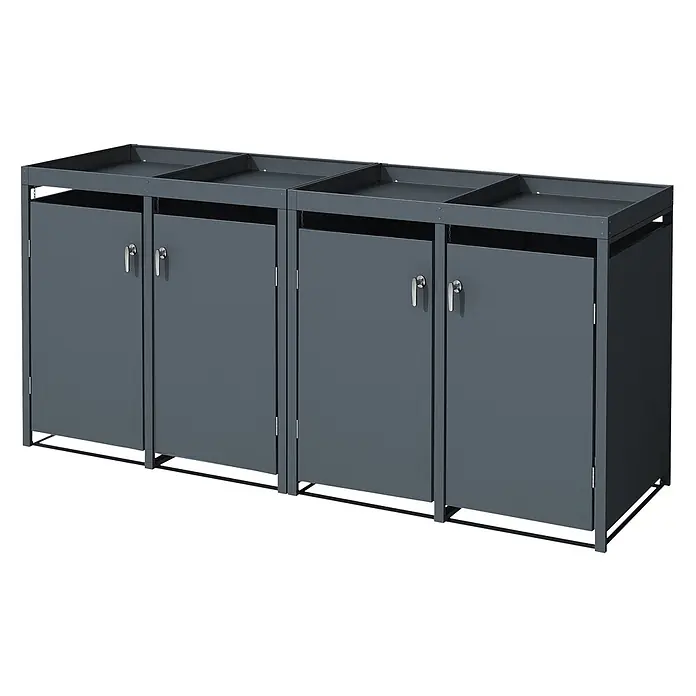 ML-Design Mülltonnenbox Mülltonnencontainer mit Pflanzdach für 4 Tonnen 120 oder 240 Liter - Stahl, Anthrazit, Geeignet für Anzahl Mülltonnen: 4 Stk. - Dunkelgraue Metall-Mülltrennstation mit vier Fächern, Türen und Griffen, sowie vier oberen Ablagen.