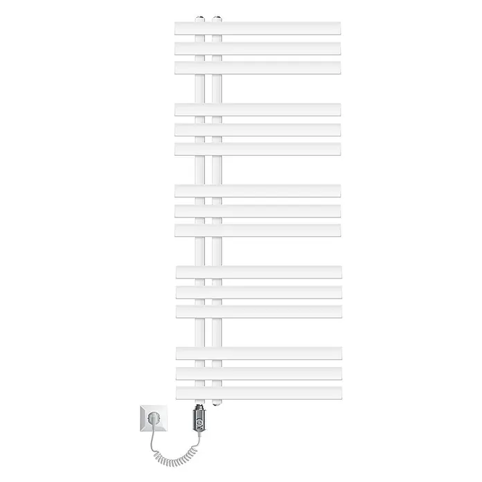 LuxeBath Elektro-Badheizkörper Handtuchheizkörper Elektrisch mit Heizstab 500x1200mm Weiß 1200 W -  - Weißer elektrischer Handtuchheizkörper mit Heizelement und Spiralkabel, das in eine Steckdose gesteckt ist.