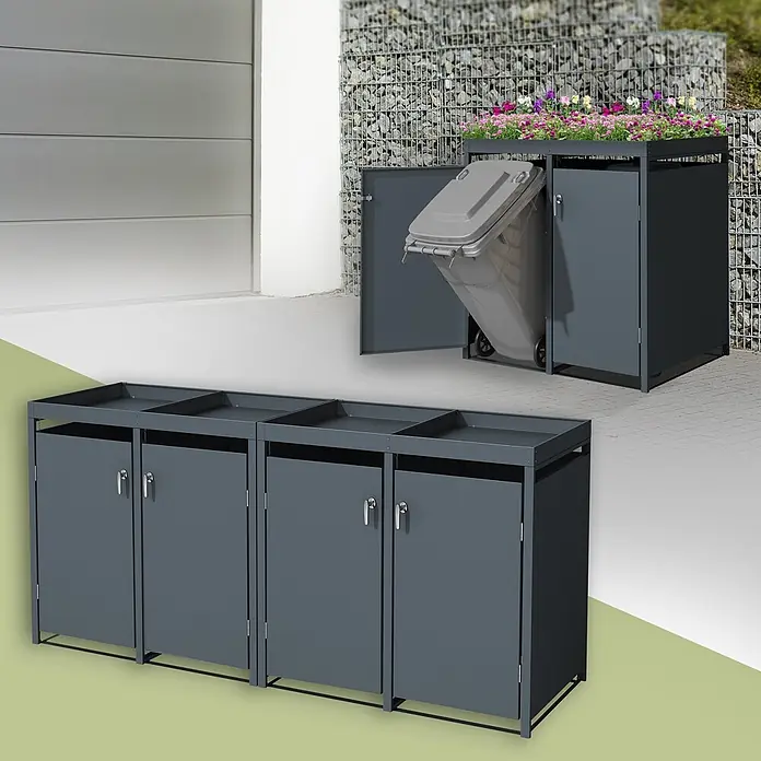 ML-Design Mülltonnenbox Mülltonnencontainer mit Pflanzdach für 4 Tonnen 120 oder 240 Liter - Stahl, Anthrazit, Geeignet für Anzahl Mülltonnen: 4 Stk. - Dunkelgraue Mülltonnenbox aus Metall mit Pflanzdach, die einen gekippten Mülleimer verbirgt und als dreitürige Einheit.