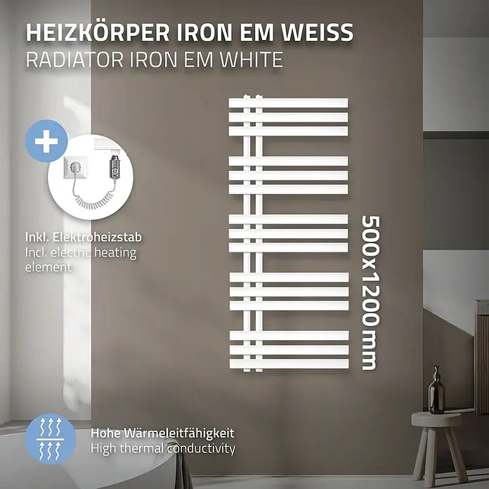 LuxeBath Elektro-Badheizkörper Handtuchheizkörper Elektrisch mit Heizstab 500x1200mm Weiß 1200 W -  - Weißer elektrischer Heizkörper, 500x1200mm, mit hoher Wärmeleitfähigkeit, in einem Badezimmer gezeigt.