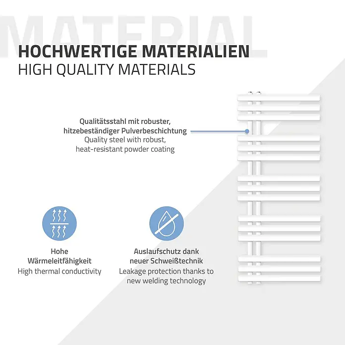 LuxeBath Elektro-Badheizkörper Handtuchheizkörper Elektrisch mit Heizstab 500x1200mm Weiß 1200 W -  - Weißer Heizkörper aus Qualitätsstahl mit robuster, hitzebeständiger Pulverbeschichtung, hoher Wärmeleitfähigkeit und Auslaufschutz.