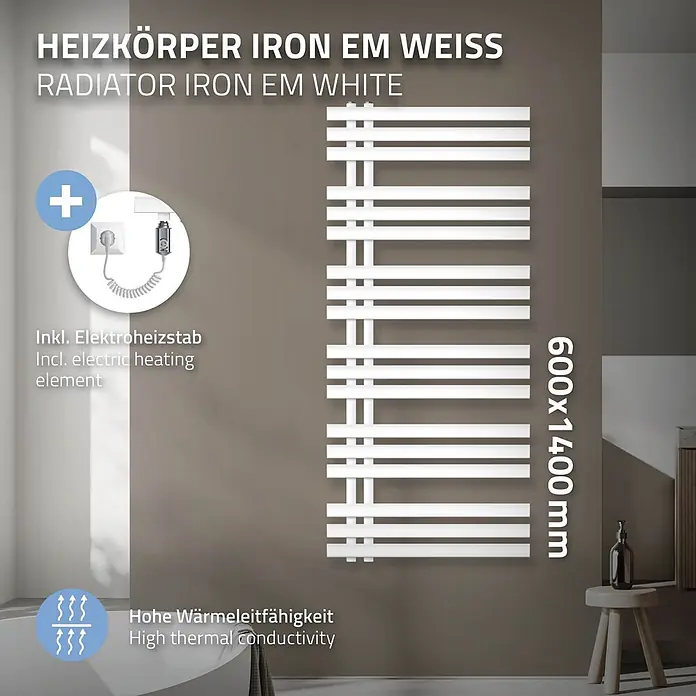 LuxeBath Elektro-Badheizkörper Handtuchheizkörper Elektrisch mit Heizstab 600x1400mm Weiß 1200 W -  - Weißer Handtuchheizkörper (600x1400 mm) mit Elektroheizstab, in einem Badezimmer.