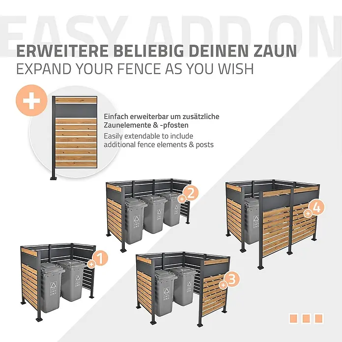 ML-Design Mülltonnenbox Mülltonnenzaun Mülltonnenabtrennung mit 1 Zaunelement, erweiterbar - Stahl, Anthrazit, Braun - Modulares Zaunsystem in Dunkelgrau und Holz, Mülltonnen umschließend. Die Abbildung zeigt die erweiterbare Konstruktion für individuelle Aufbauten.