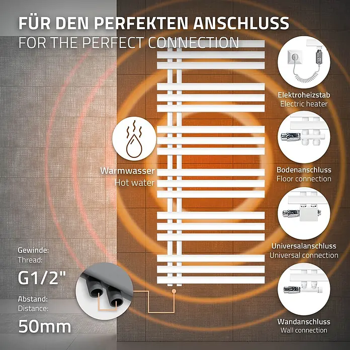 LuxeBath Elektro-Badheizkörper Handtuchheizkörper Elektrisch mit Heizstab 600x1400mm Weiß 1200 W -  - Weißer Handtuchheizkörper zeigt Anschlussarten: Warmwasser, Elektroheizstab, Boden-, Universal- und Wandanschluss. Gewinde G1/2", Abstand 50mm.