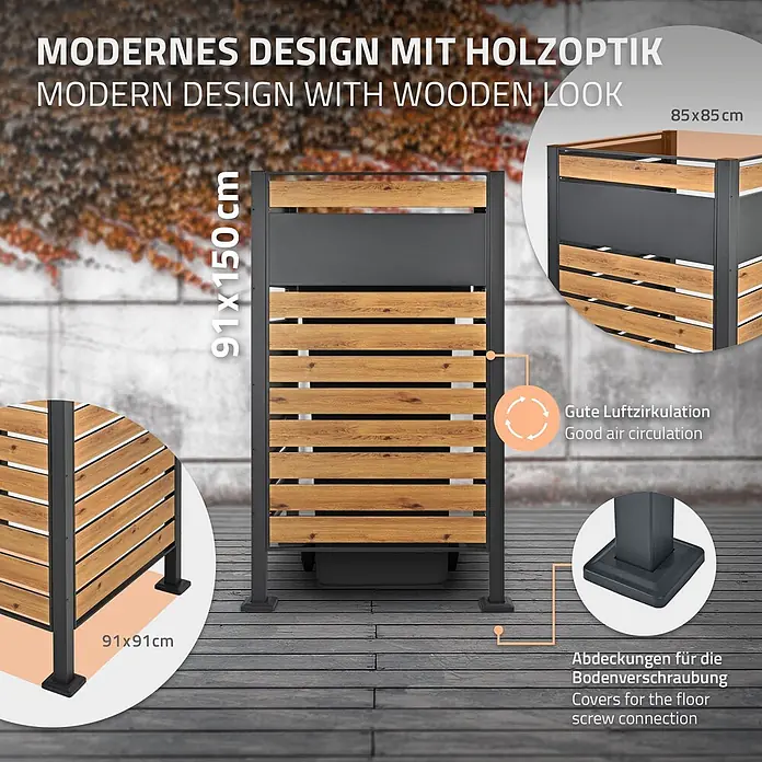 ML-Design Mülltonnenbox Mülltonnenzaun Mülltonnenabtrennung mit 1 Zaunelement, erweiterbar - Stahl, Anthrazit, Braun - Modernes Mülltonnenhaus in Holzoptik und Anthrazit, mit guter Luftzirkulation und Schraubabdeckungen, 91x150cm.