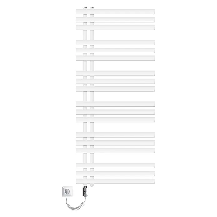LuxeBath Elektro-Badheizkörper Handtuchheizkörper Elektrisch mit Heizstab 600x1400mm Weiß 1200 W -  - Weißer elektrischer Handtuchheizkörper mit horizontalen Stangen, über Spiralkabel und Thermostat an eine Steckdose angeschlossen.