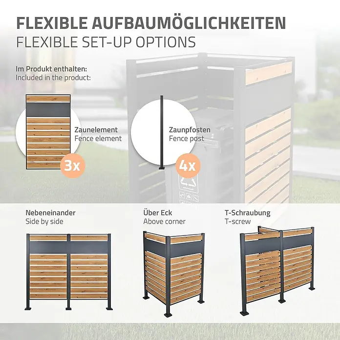 ML-Design Mülltonnenbox Mülltonnenzaun Mülltonnenabtrennung mit 1 Zaunelement, erweiterbar - Stahl, Anthrazit, Braun - Modulares Zaunsystem mit dunkelgrauen Rahmen und Holzlatten, zeigt nebeneinander, über Eck und T-förmige Aufbauoptionen.