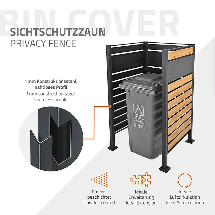 ML-Design Mülltonnenbox Mülltonnenzaun Mülltonnenabtrennung mit 1 Zaunelement, erweiterbar - Stahl, Anthrazit, Braun - Schwarzer pulverbeschichteter Stahl- und Holzlatten-Sichtschutzzaun für Mülleimer, mit 1 mm nahtloser Konstruktion und Luftzirkulation.