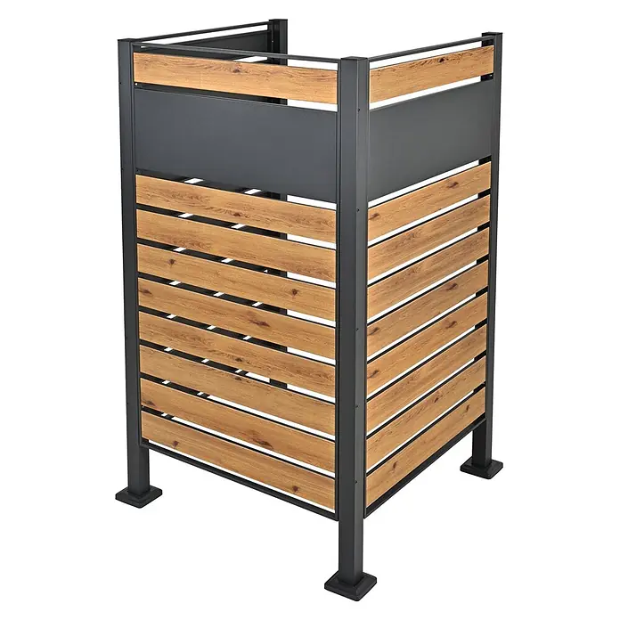 ML-Design Mülltonnenbox Mülltonnenzaun Mülltonnenabtrennung mit 1 Zaunelement, erweiterbar - Stahl, Anthrazit, Braun - Sichtschutz aus anthrazitfarbenem Metall und Holzoptik mit horizontalen Lamellen für den Außenbereich.