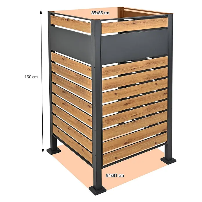 ML-Design Mülltonnenbox Mülltonnenzaun Mülltonnenabtrennung mit 1 Zaunelement, erweiterbar - Stahl, Anthrazit, Braun - Komposter mit dunkelgrauem Metallrahmen und hellbraunen Holzlamellen. Maße: H150cm, Oben 85x85cm, Unten 91x91cm.