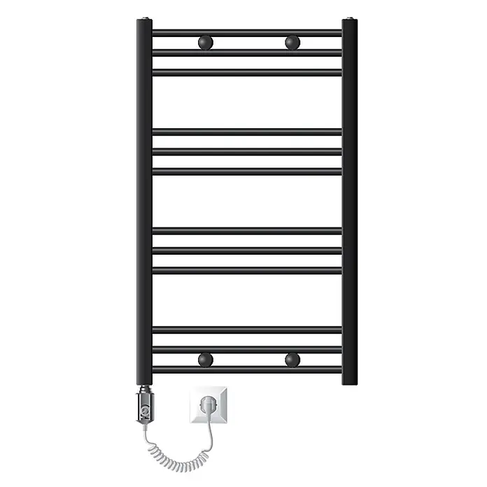 LuxeBath Elektro-Badheizkörper Handtuchwärmer mit Heizstab 600x800 mm gerade Anthrazit 300W - B x H: 60 x 80 mm - Schwarzer elektrischer Handtuchwärmer mit Querstreben und Spiralkabel, an eine Steckdose angeschlossen.