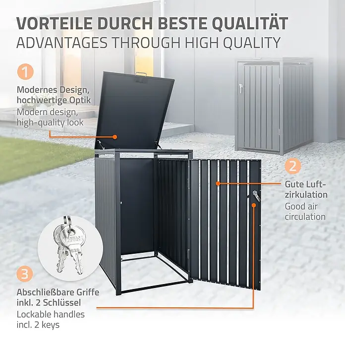 ML-Design Mülltonnenbox Mülltonnenbox 1er 240L 68x80x120cm Anthrazit Klappdeckel - Stahl, Anthrazit, Geeignet für Anzahl Mülltonnen: 1 Stk. - Dunkelgraue Metall-Mülltonnenbox, offen, zeigt modernes Design, Lamellen für Luftzirkulation und abschließbare Griffe mit Schlüsseln.