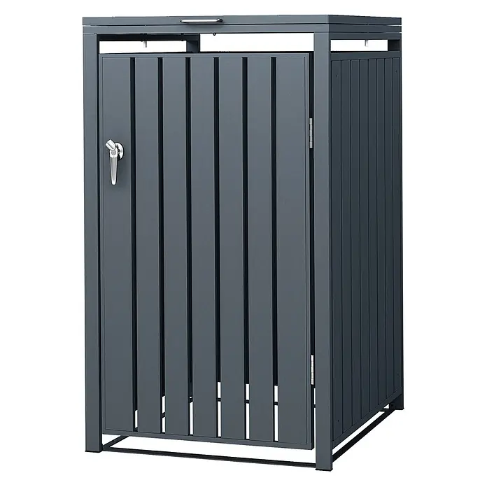 ML-Design Mülltonnenbox Mülltonnenbox 1er 240L 68x80x120cm Anthrazit Klappdeckel - Stahl, Anthrazit, Geeignet für Anzahl Mülltonnen: 1 Stk. - Dunkelgrauer Lamellen-Metallschrank mit Drehtür und aufklappbarem Deckel, jeweils mit Griffen versehen.
