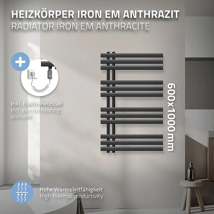 LuxeBath Elektro-Badheizkörper Handtuchheizkörper Elektrisch mit Heizstab 600x1000mm Anthrazit 600W -  - Anthrazitfarbener Eisenheizkörper (600x1000mm) mit Elektroheizstab, an Badwand montiert, mit hoher Wärmeleitfähigkeit.