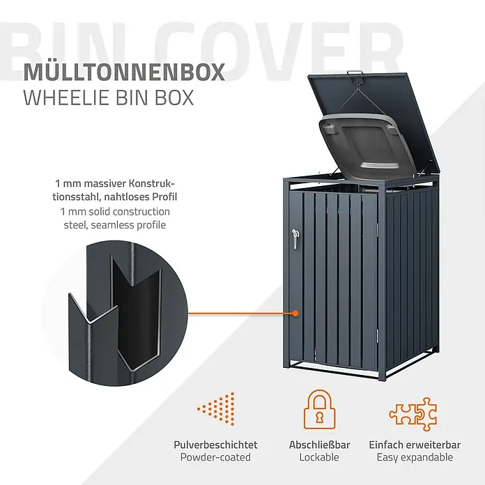 ML-Design Mülltonnenbox Mülltonnenbox 1er 240L 68x80x120cm Anthrazit Klappdeckel - Stahl, Anthrazit, Geeignet für Anzahl Mülltonnen: 1 Stk. - Dunkelgraue, pulverbeschichtete Mülltonnenbox aus 1mm massivem Stahl mit offenem Deckel, der einen Innenbehälter zeigt. Abschließbar und erweiterbar.