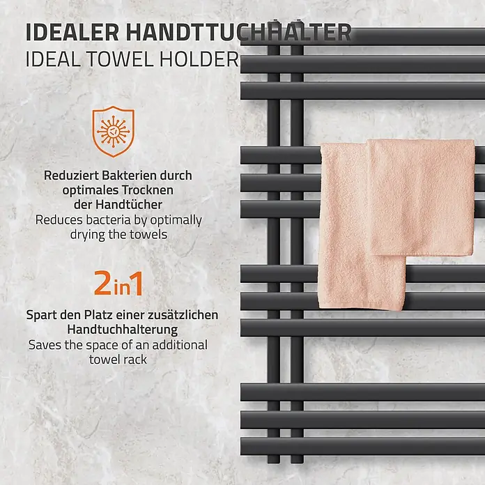 LuxeBath Elektro-Badheizkörper Handtuchheizkörper Elektrisch mit Heizstab 500x1000mm Anthrazit 300W -  - Schwarzer Handtuchwärmer mit zwei pfirsichfarbenen Handtüchern, bakterienreduzierend und platzsparend.