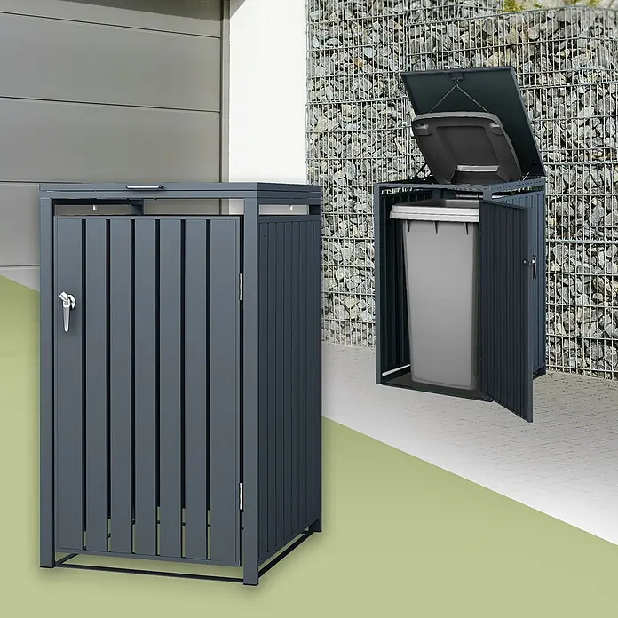 ML-Design Mülltonnenbox Mülltonnenbox 1er 240L 68x80x120cm Anthrazit Klappdeckel - Stahl, Anthrazit, Geeignet für Anzahl Mülltonnen: 1 Stk. - Zwei dunkelgraue Mülltonnenverkleidungen aus Metall mit Lamellen, eine geschlossen und eine offen mit Mülltonne, im Außenbereich.