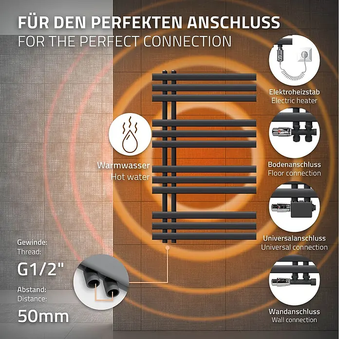 LuxeBath Elektro-Badheizkörper Handtuchheizkörper Elektrisch mit Heizstab 600x1000mm Anthrazit 600W -  - Schwarzer Handtuchheizkörper auf Fliesenwand, zeigt verschiedene Anschlusstypen (Warmwasser, Elektro) und Installationsdetails (G1/2" Gewinde, 50mm Abstand).
