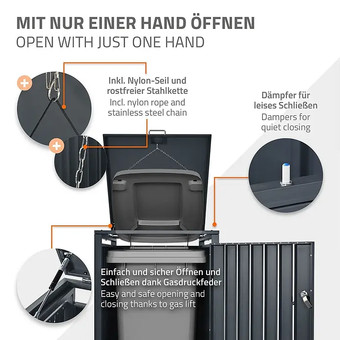 ML-Design Mülltonnenbox Mülltonnenbox 1er 240L 68x80x120cm Anthrazit Klappdeckel - Stahl, Anthrazit, Geeignet für Anzahl Mülltonnen: 1 Stk. - Dunkelgraue Mülltonnenbox mit Nylonseil für den Behälterdeckel, leisen Dämpfern und Gasdruckfeder zum einfachen Öffnen/Schließen.
