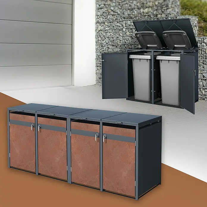 ML-Design Mülltonnenbox Mülltonnencontainer mit Klappdeckel/Tür für 4 Tonne 120 oder 240 Liter - Stahl, Anthrazit, Rot-Braun, Geeignet für Anzahl Mülltonnen: 4 Stk. - Modulare Mülltonnenbox aus dunkelgrauem Metall. Zeigt eine 2-Mülltonnen-Box mit geöffneten Deckeln und eine 4-Mülltontonnen-Box mit rostbraunen Türen.