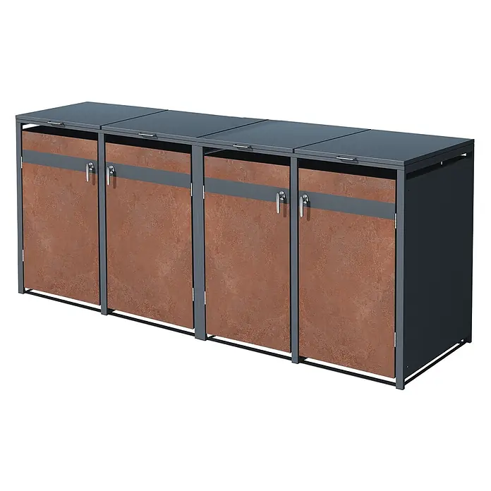 ML-Design Mülltonnenbox Mülltonnencontainer mit Klappdeckel/Tür für 4 Tonne 120 oder 240 Liter - Stahl, Anthrazit, Rot-Braun, Geeignet für Anzahl Mülltonnen: 4 Stk. - Vierfach-Mülltonnenbox mit dunkelgrauem Metallrahmen und rotbraunen Strukturbahnen, jede mit Griff.